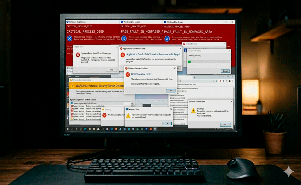 Mensajes de error en pantalla de computadora