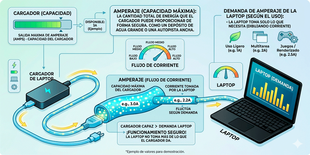 Diagrama que explica cómo funciona el amperaje en una laptop