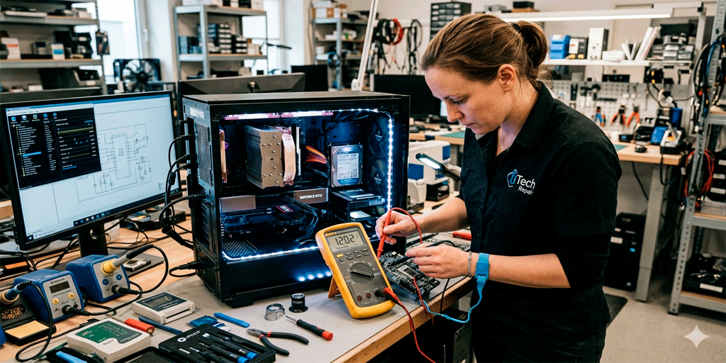Técnico revisando la causa raíz de fallas en computadora