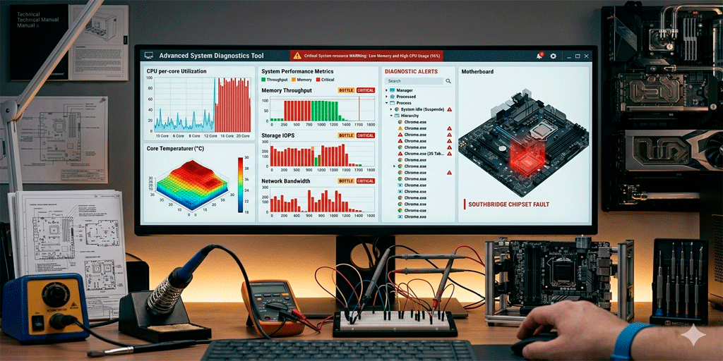 Técnico realizando diagnóstico profesional a computadora