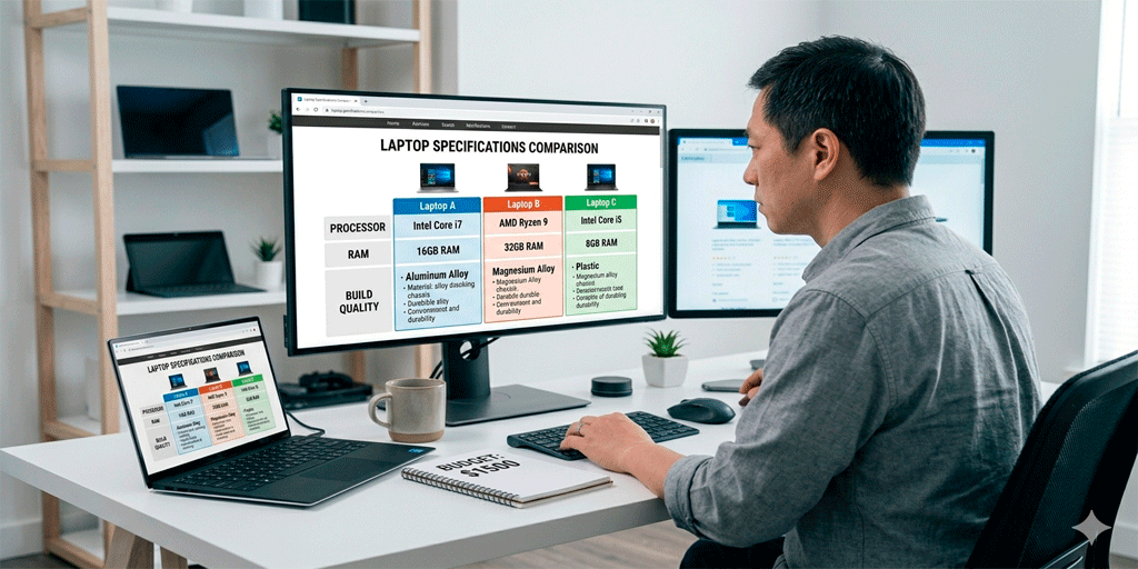 persona comparando especificaciones de laptops antes de comprar