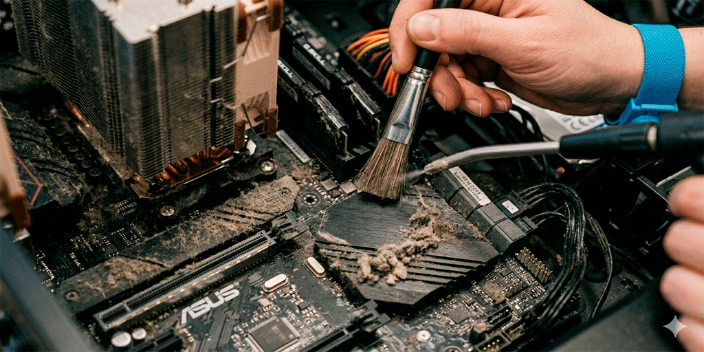 Limpieza incompleta de computadora con polvo interno