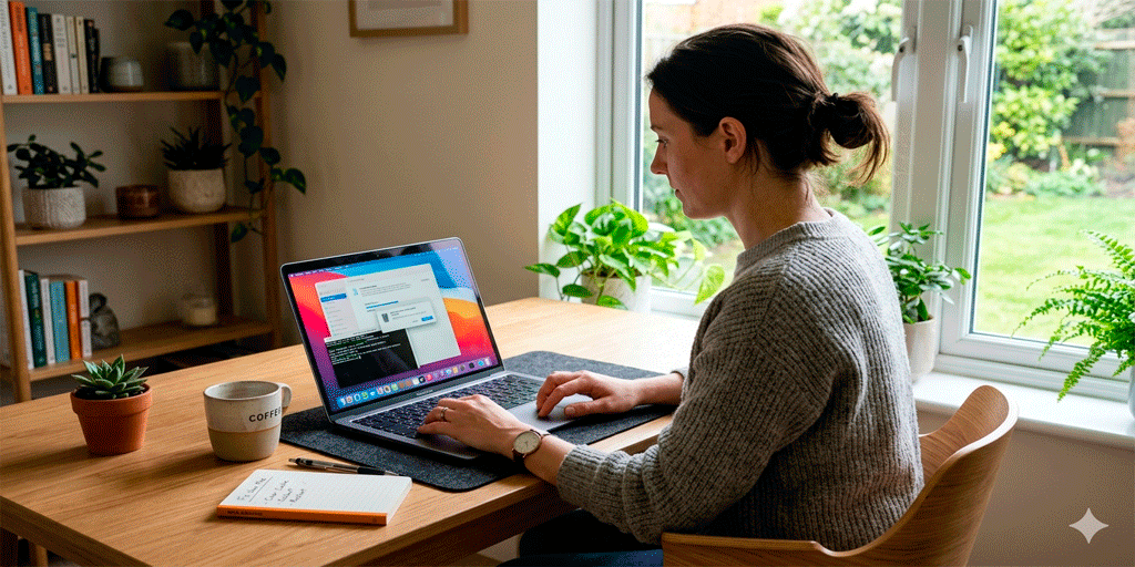 Persona solucionando problemas básicos de computadora en casa
