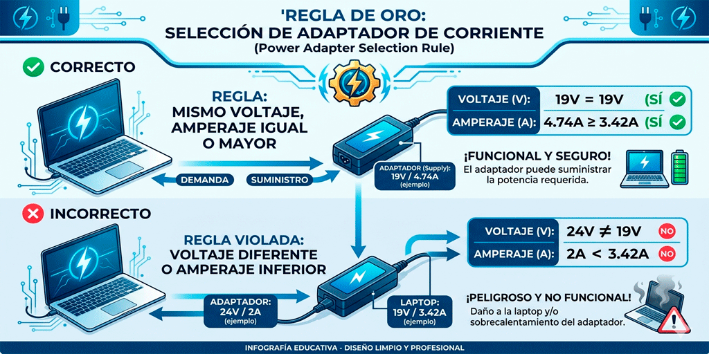 Regla básica de voltaje y amperaje para cargadores de laptop