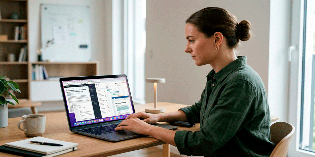 Persona usando computadora para trabajo y tareas exigentes