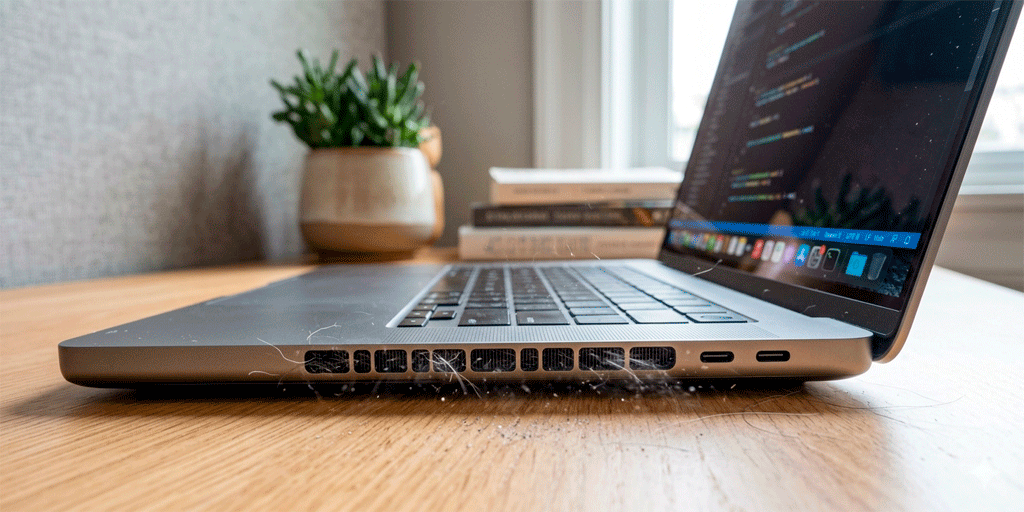 Sistema de ventilación de laptop absorbiendo aire con partículas de pelo de mascotas.