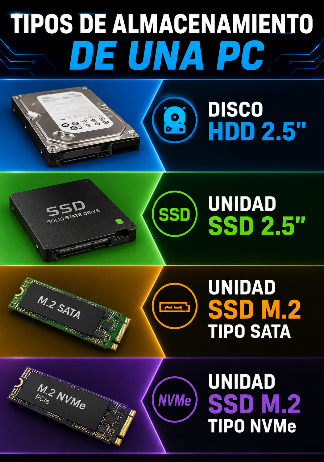 Infografía que compara los tipos de almacenamiento para PC: disco HDD de 2.5 pulgadas, unidad SSD de 2.5 pulgadas, SSD M.2 SATA y SSD M.2 NVMe, mostrando sus diferencias físicas.